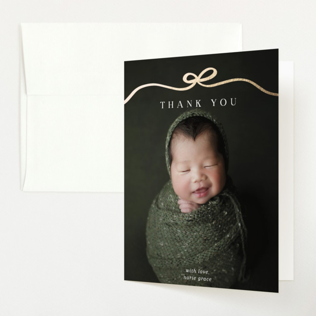 "Bow Tied" - Foil-Pressed Birth Announcement Thank You Cards in Cotton by Kaydi Bishop - Front