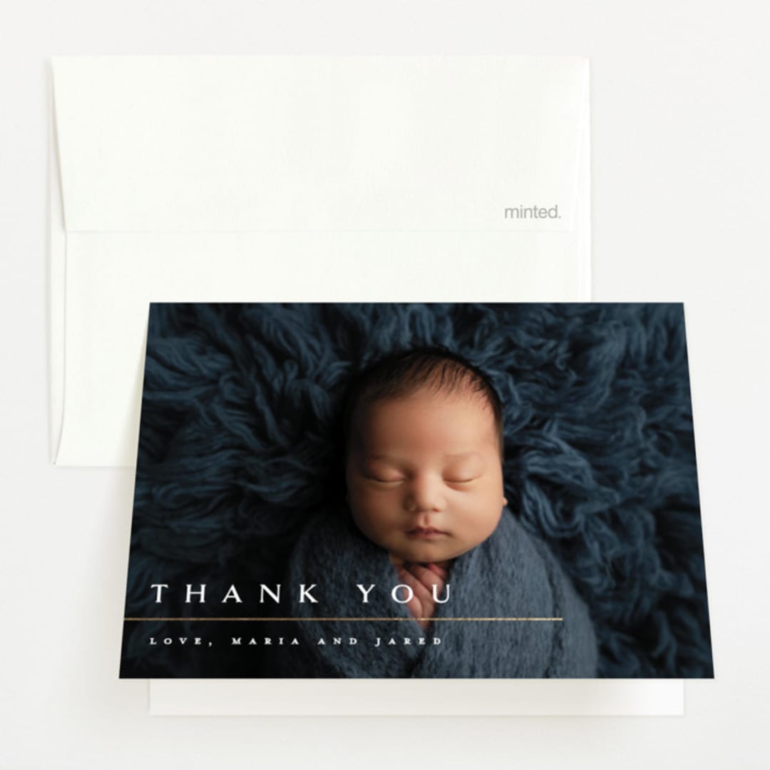 "minimalist" - Foil-Pressed Birth Announcement Thank You Cards in Snowfall by Melanie Kosuge - Front