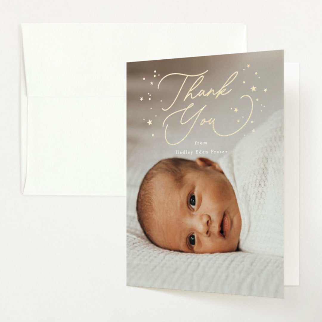 "Lunaria" - Foil-Pressed Birth Announcement Thank You Cards in Sugar by Everett Paper Goods - Front