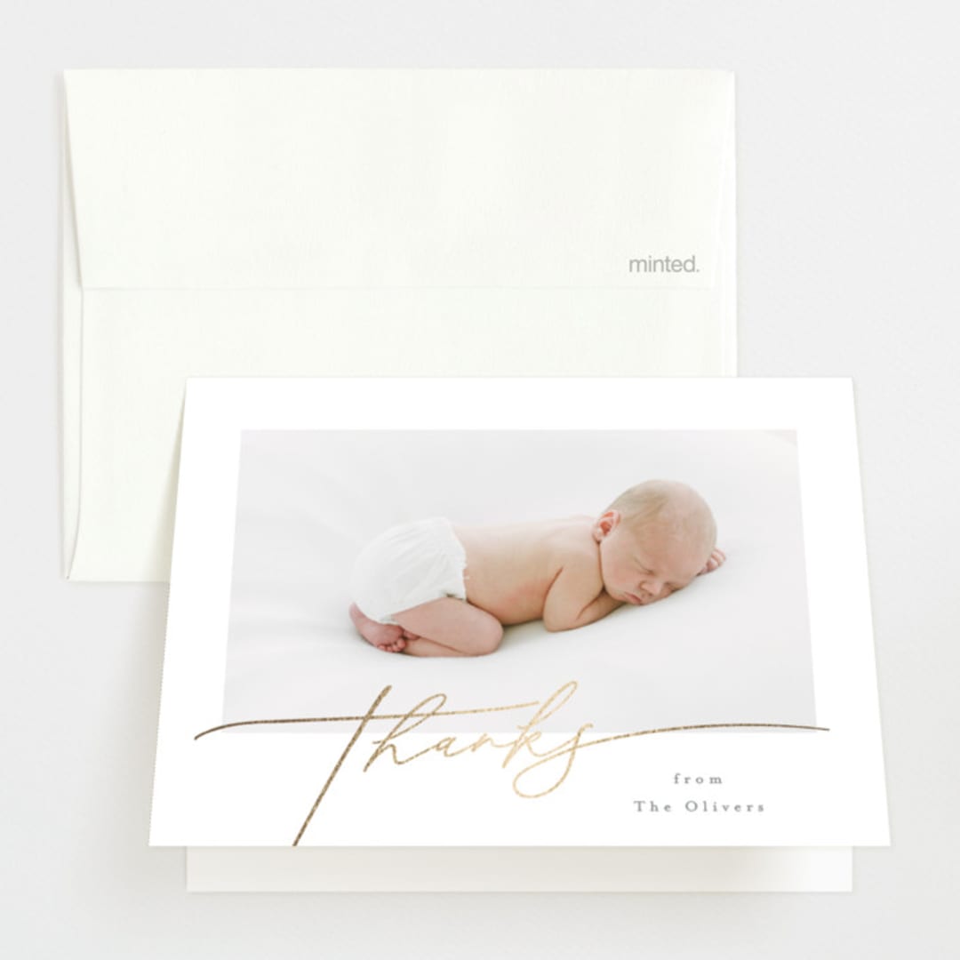 "Charming Welcome" - Foil-Pressed Birth Announcement Thank You Cards in Milk by Carolyn MacLaren - Front