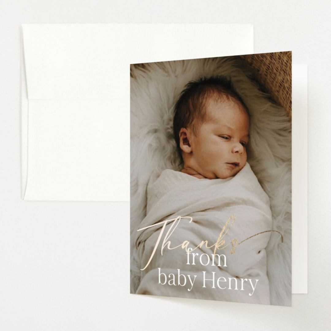 "Scripted Welcome" - Foil-Pressed Birth Announcement Thank You Cards in Cloud by Jackie Crawford - Front