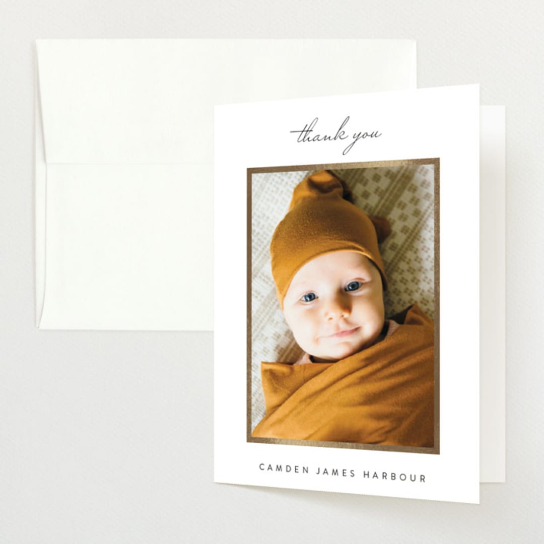 "Shining Frame" - Foil-Pressed Birth Announcement Thank You Cards in Sugar by Jessica Williams - Front
