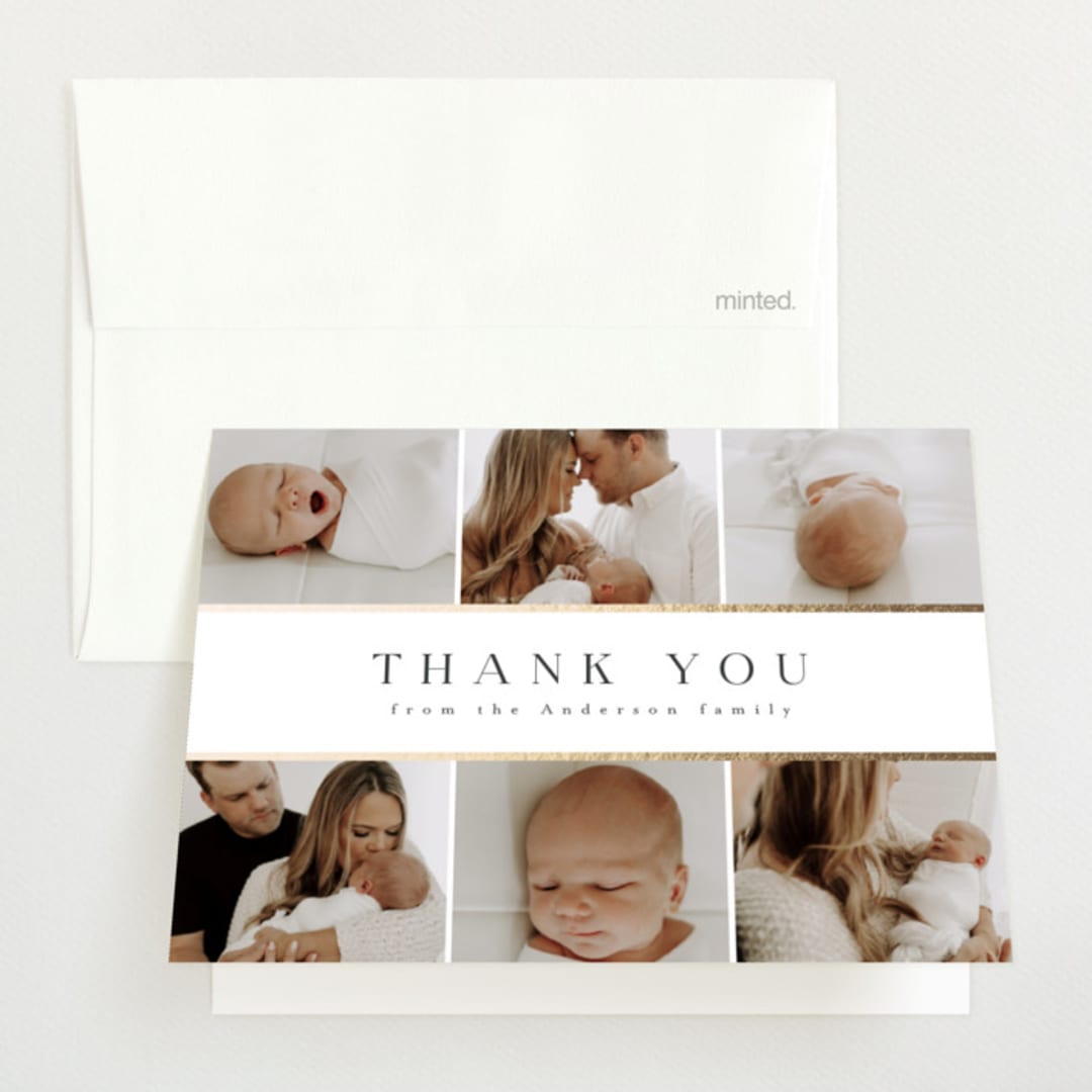 "Six Photo Grid" - Foil-Pressed Birth Announcement Thank You Cards in Vanilla by Nicole Walsh - Front