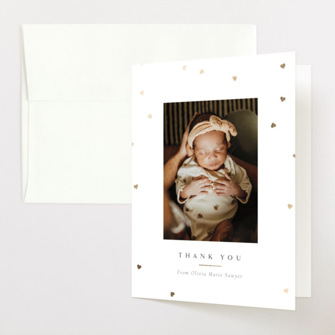 "Heart Sprinkle" - Foil-Pressed Birth Announcement Thank You Cards in Cotton by Meggy Masters - Front