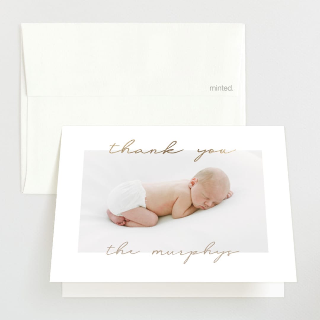 "Border script" - Foil-Pressed Birth Announcement Thank You Cards in Powder by Creo Study - Front