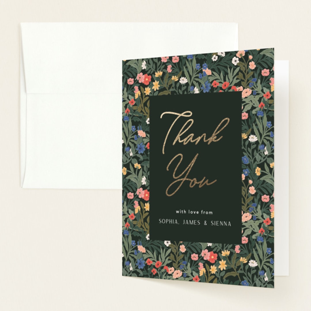 "Wildflowers" - Foil-Pressed Birth Announcement Thank You Cards in Forest by Elly - Front