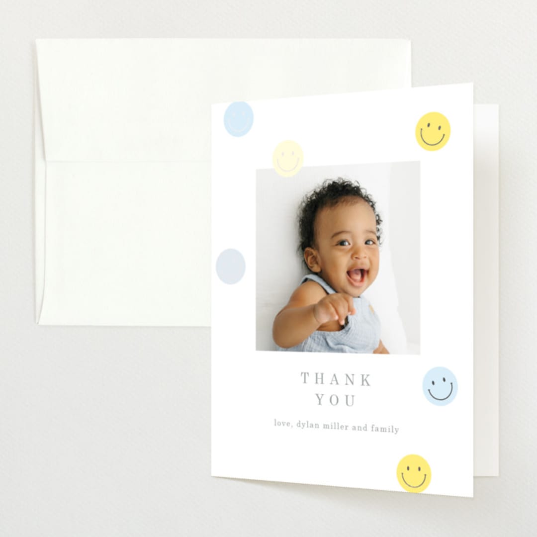 "Smiley Face" - Foil-Pressed Birth Announcement Thank You Cards in Dandelion by Baumbirdy - Front