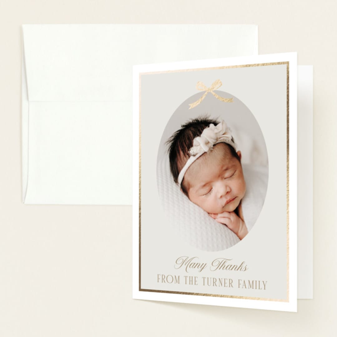 "Tied with a bow" - Foil-Pressed Birth Announcement Thank You Cards in Cashmere by Erin German - Front