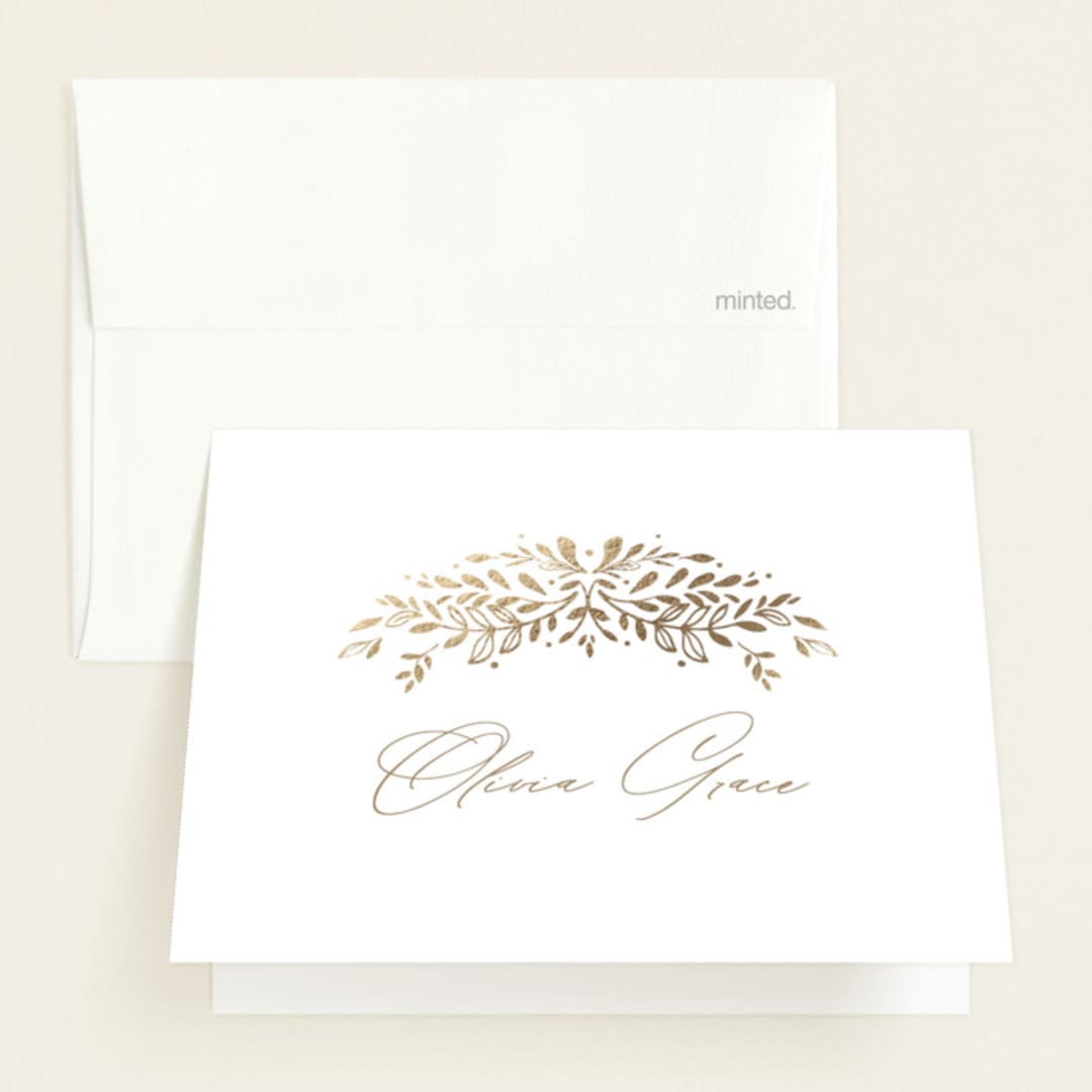 "Floral Arch" - Foil-Pressed Birth Announcement Thank You Cards in Fawn by Susan Zinader - Front