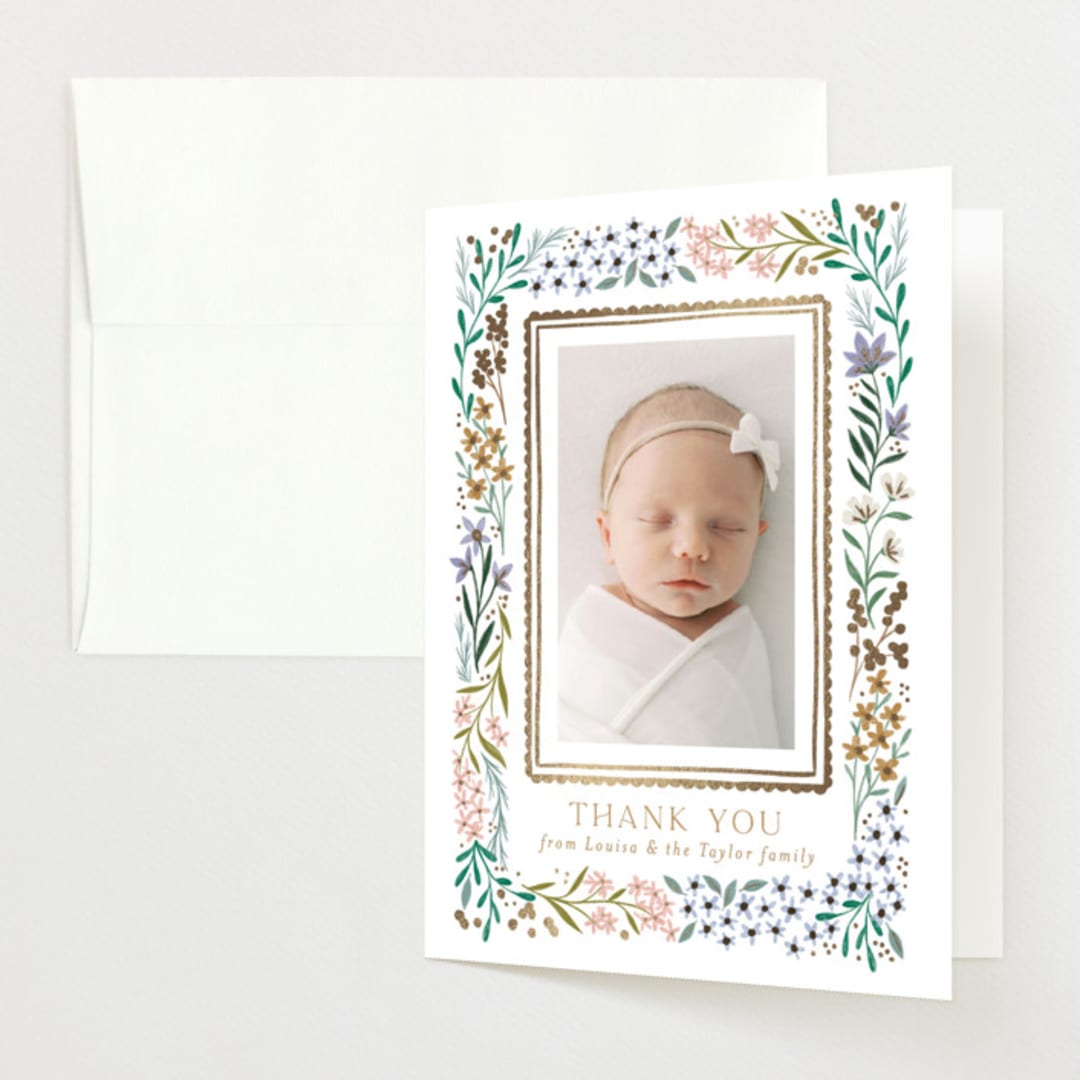 "Wildflower Frame" - Foil-Pressed Birth Announcement Thank You Cards in Lavender by Alethea and Ruth - Front