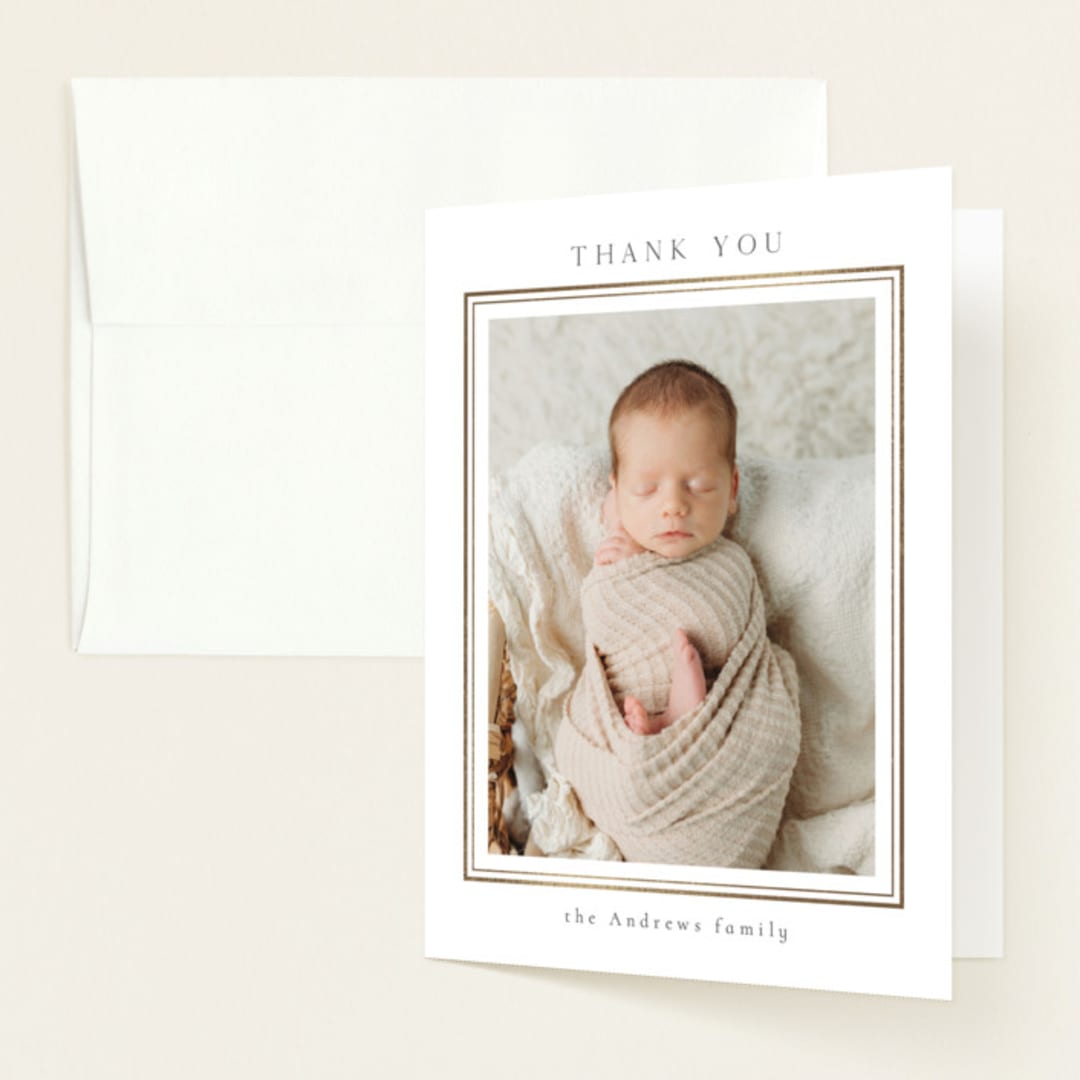 "Classic Border" - Foil-Pressed Birth Announcement Thank You Cards in Cloud by Nicole Walsh - Front