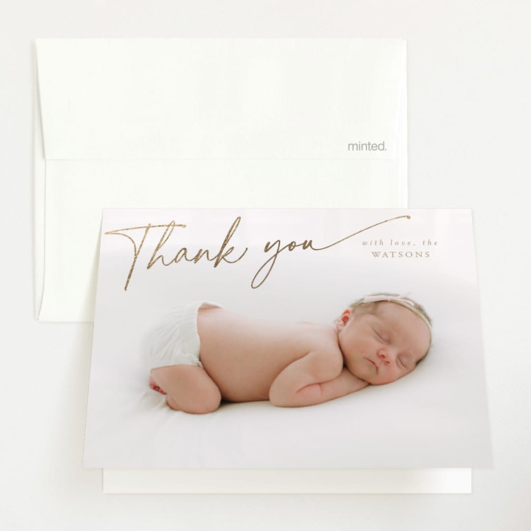 "Dahlia" - Foil-Pressed Birth Announcement Thank You Cards in Almond by Deynaaz Daraei - Front