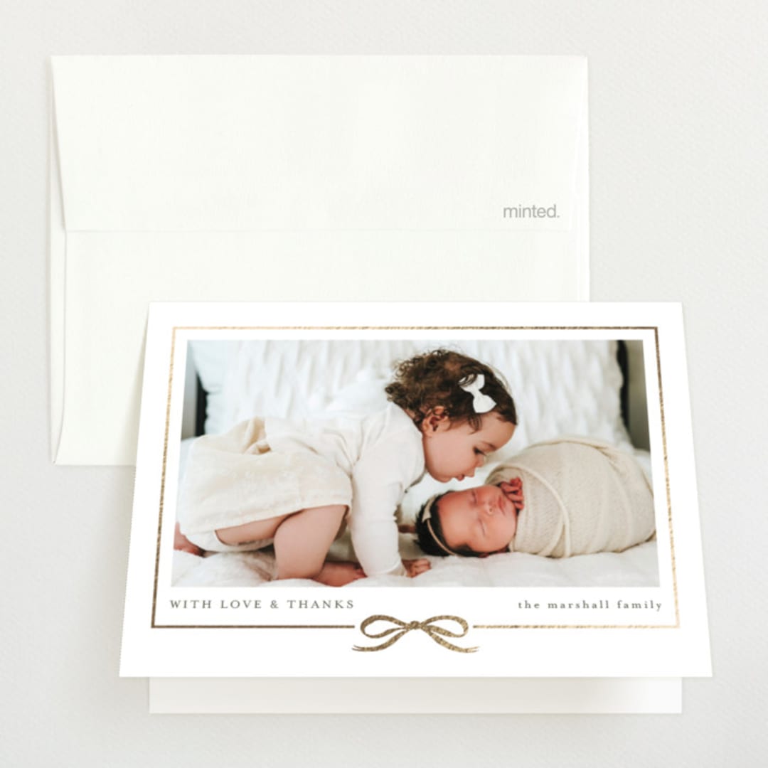 "Ribbon Wrap" - Foil-Pressed Birth Announcement Thank You Cards in Cotton by Jessica Williams - Front