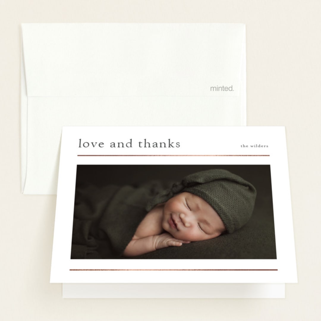 "Modern lines" - Foil-Pressed Birth Announcement Thank You Cards in Cotton by Stacey Meacham - Front