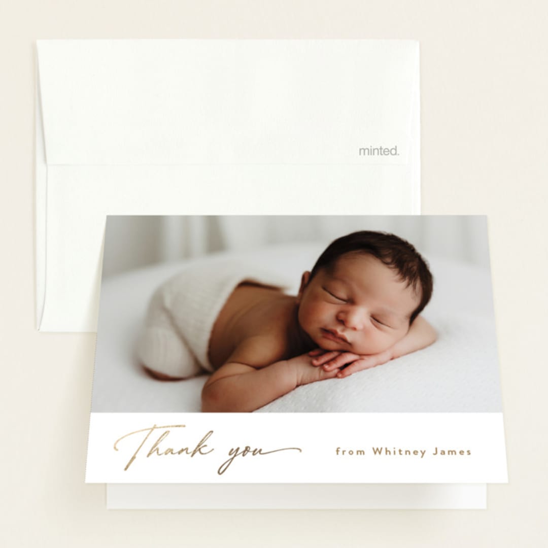 "Appeal" - Foil-Pressed Birth Announcement Thank You Cards in Sand by Carolyn MacLaren - Front