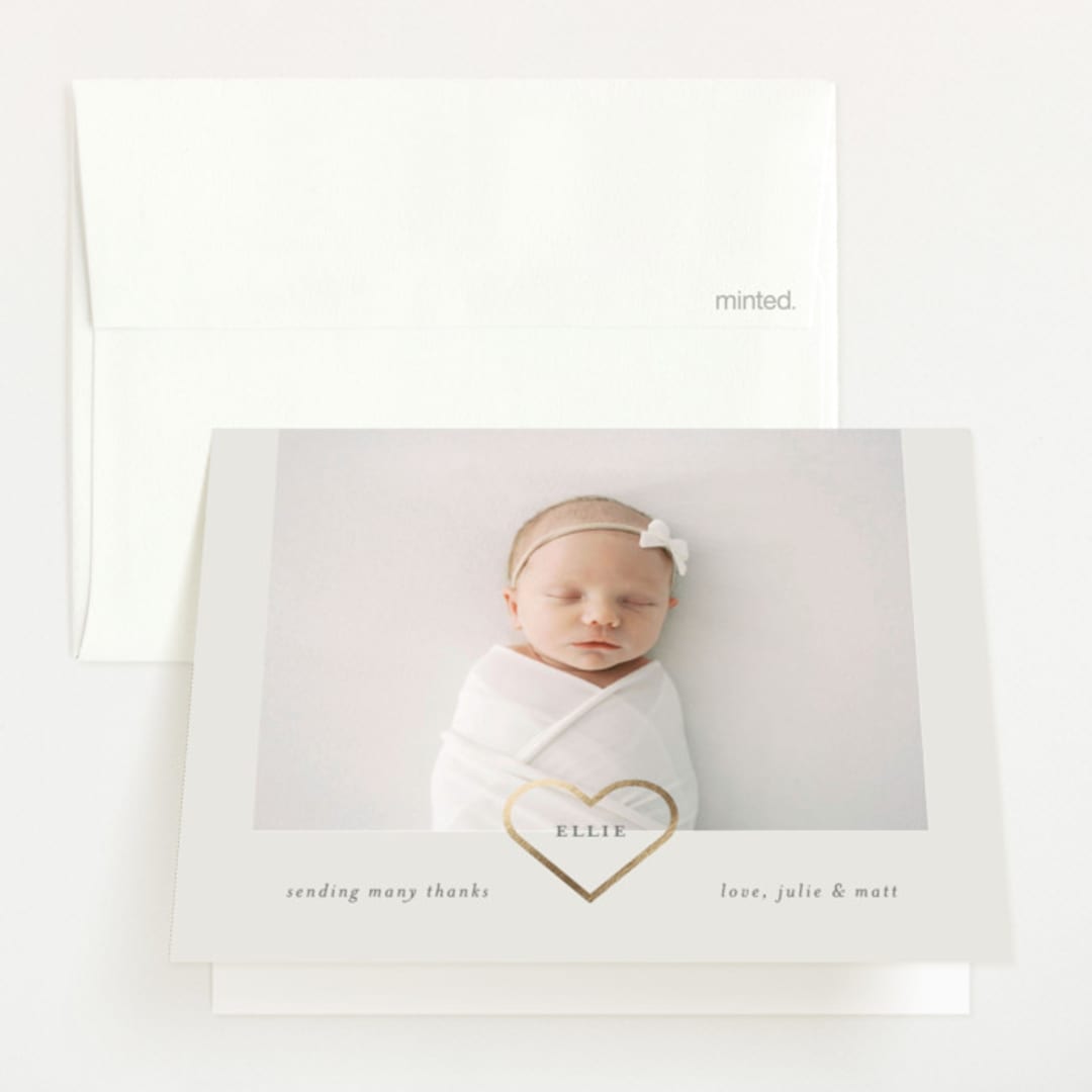"Golden Heart" - Foil-Pressed Birth Announcement Thank You Cards in Cotton by Stephanie Heinrich Godbout - Front