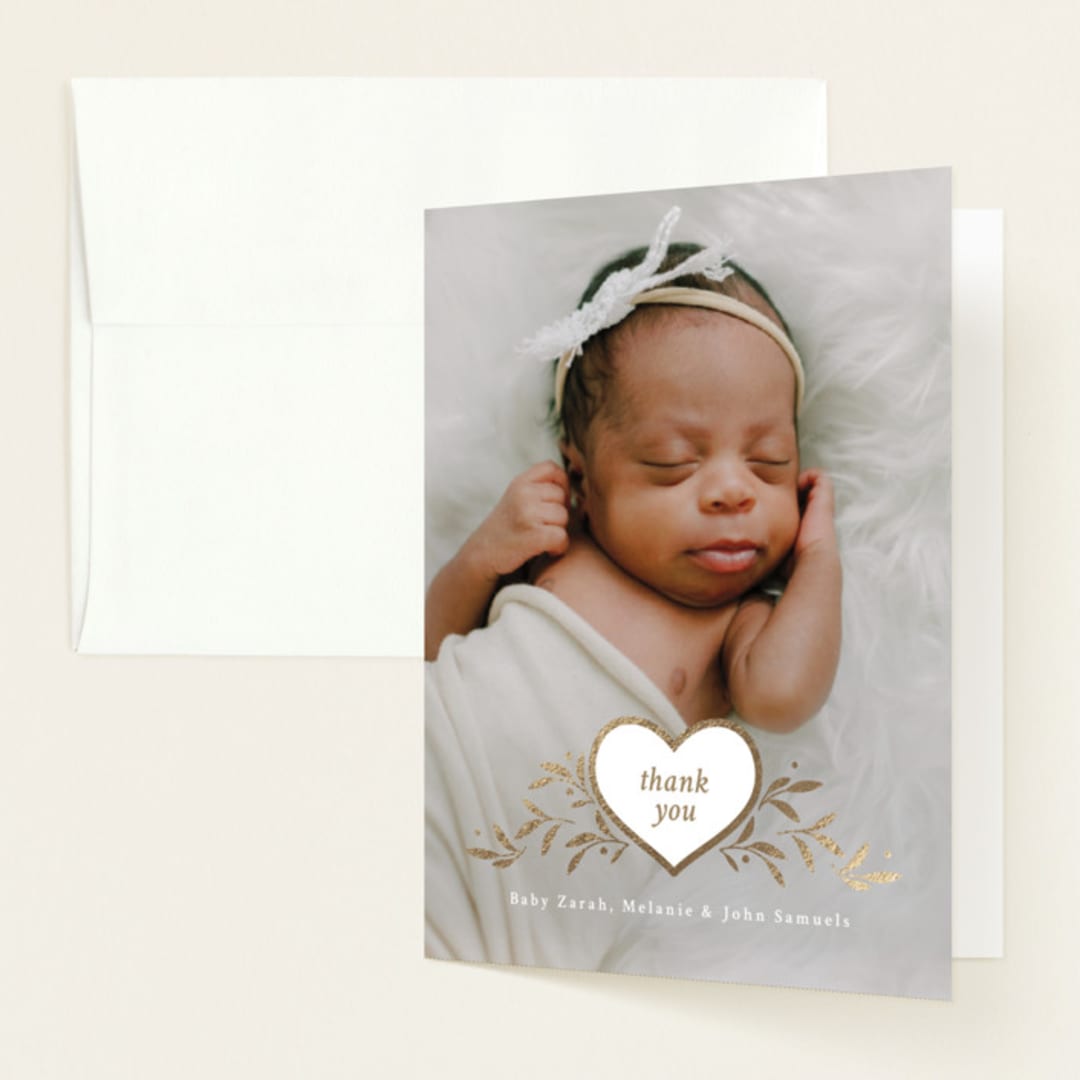"Heart Crest" - Foil-Pressed Birth Announcement Thank You Cards in Snow by letterfix - Front