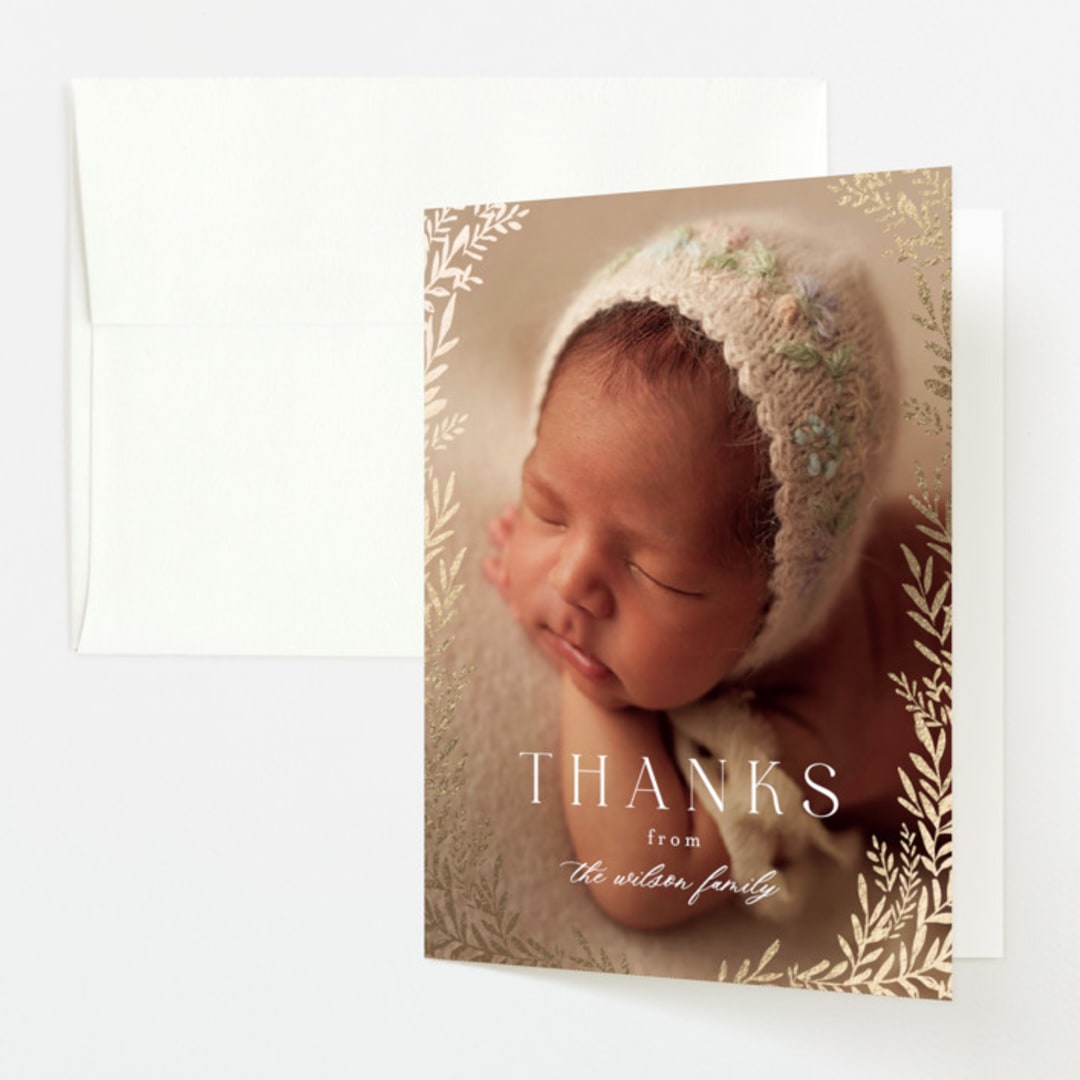 "Botanica Frame" - Foil-Pressed Birth Announcement Thank You Cards in Vanilla by Laura Hankins - Front