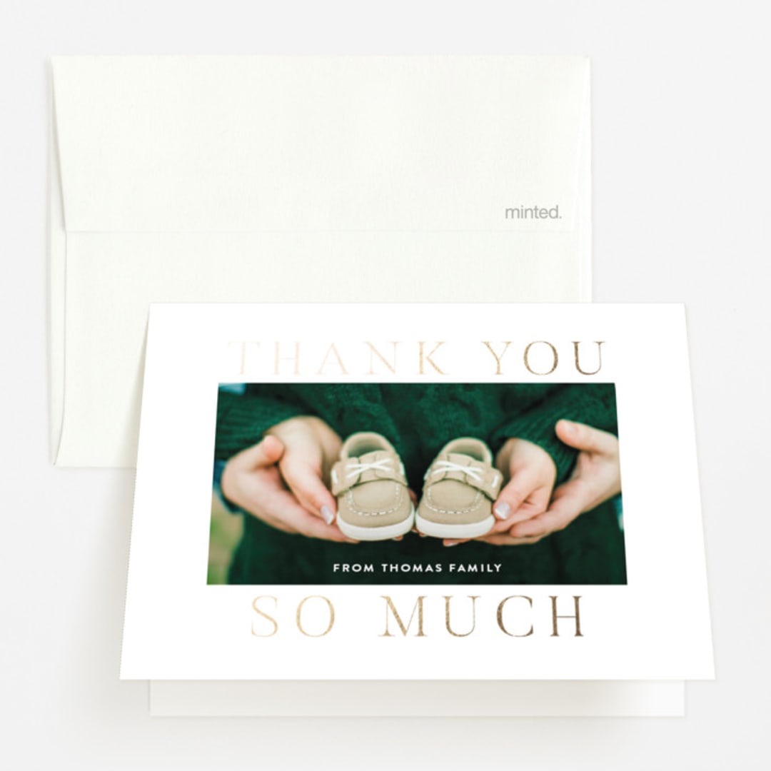 "Merriest Occasion" - Foil-Pressed Birth Announcement Thank You Cards in Pearl by Megan Davis - Front
