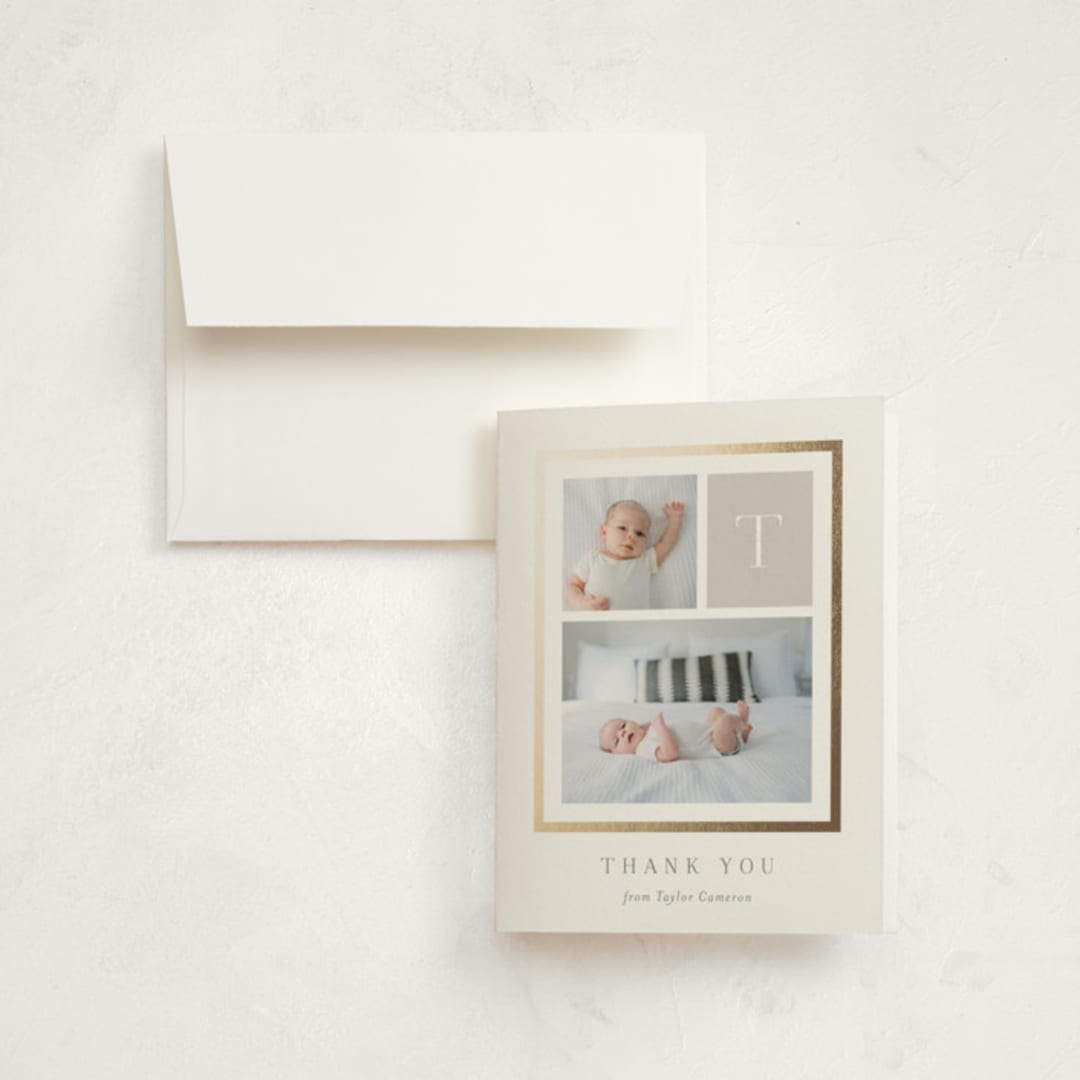 "Initially" - Foil-Pressed Birth Announcement Thank You Cards in Slate by Carolyn MacLaren - Front