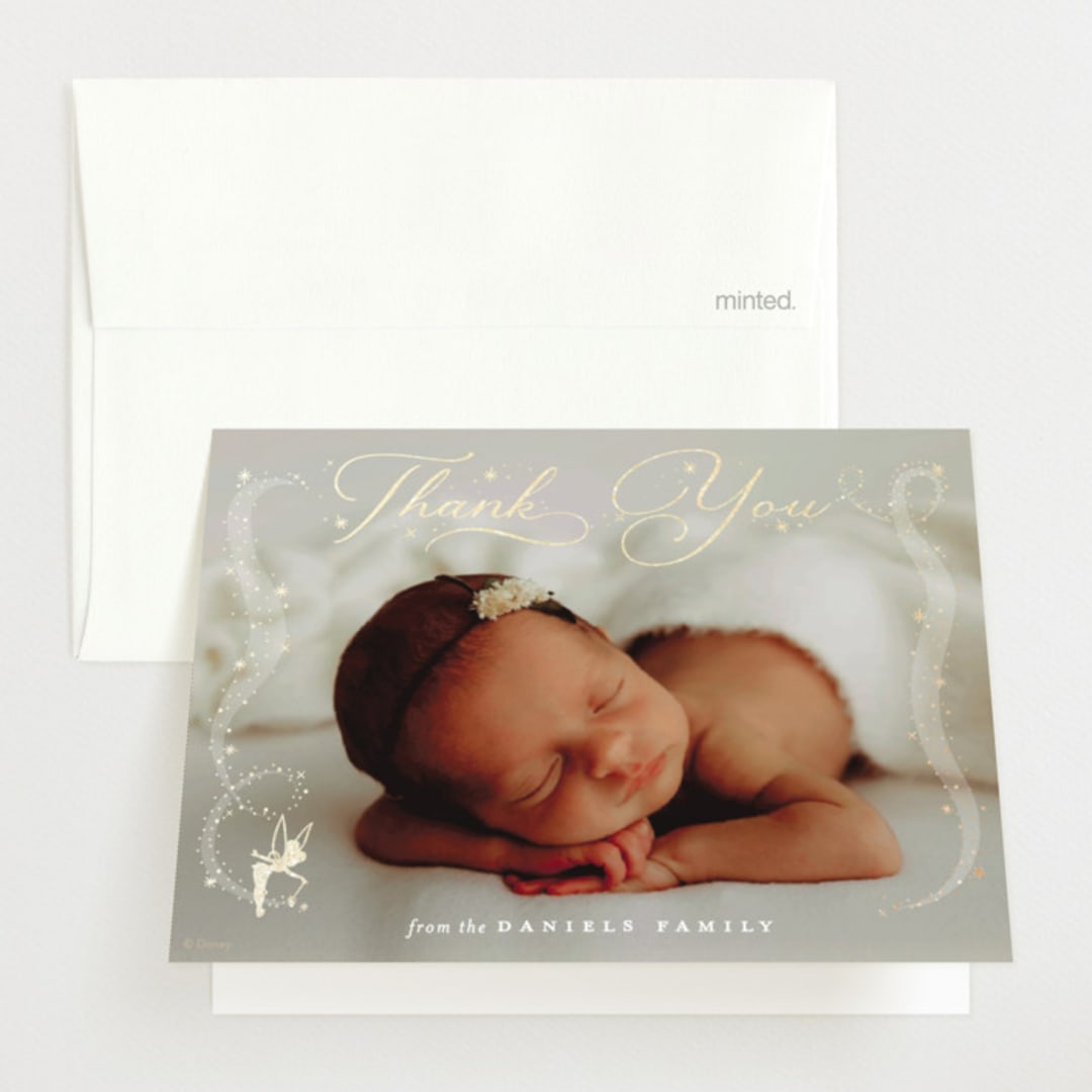 "Disney's Tinkerbell Dreams Come True Birth Announcement" - Foil-Pressed Birth Announcement Thank You Cards in Stardust by Kamala Nahas - Front
