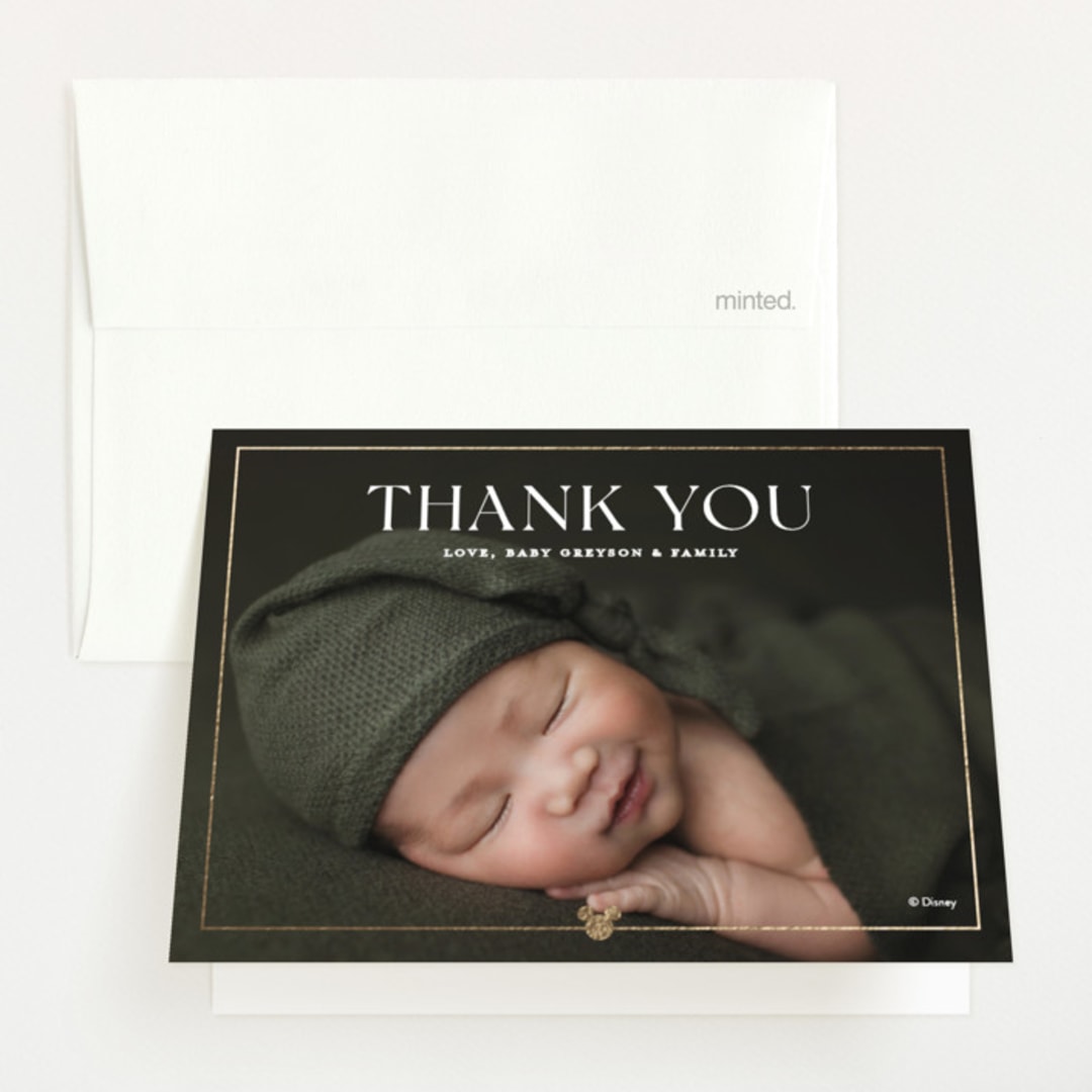 "Disney's Mickey Mouse Simple Border" - Foil-Pressed Birth Announcement Thank You Cards in Cloud by Ashley Cuccio - Front