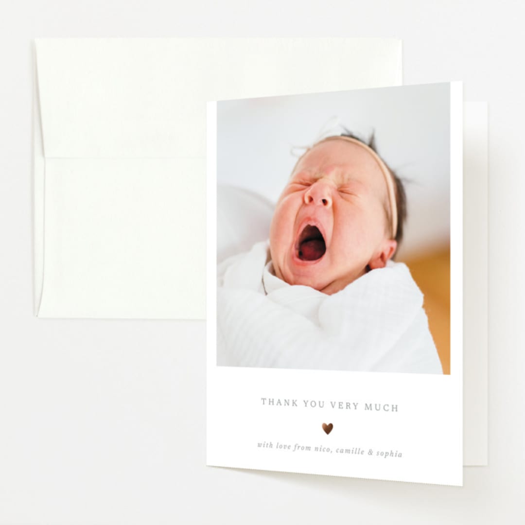 "Heart" - Foil-Pressed Birth Announcement Thank You Cards in Charcoal by Blustery August - Front