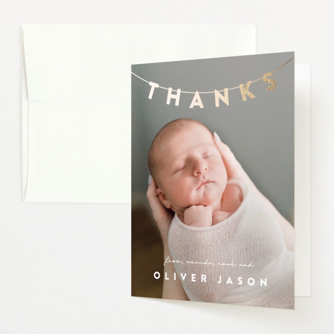 "Welcome Banner" - Foil-Pressed Birth Announcement Thank You Cards in Cloud by Maria Alou - Front