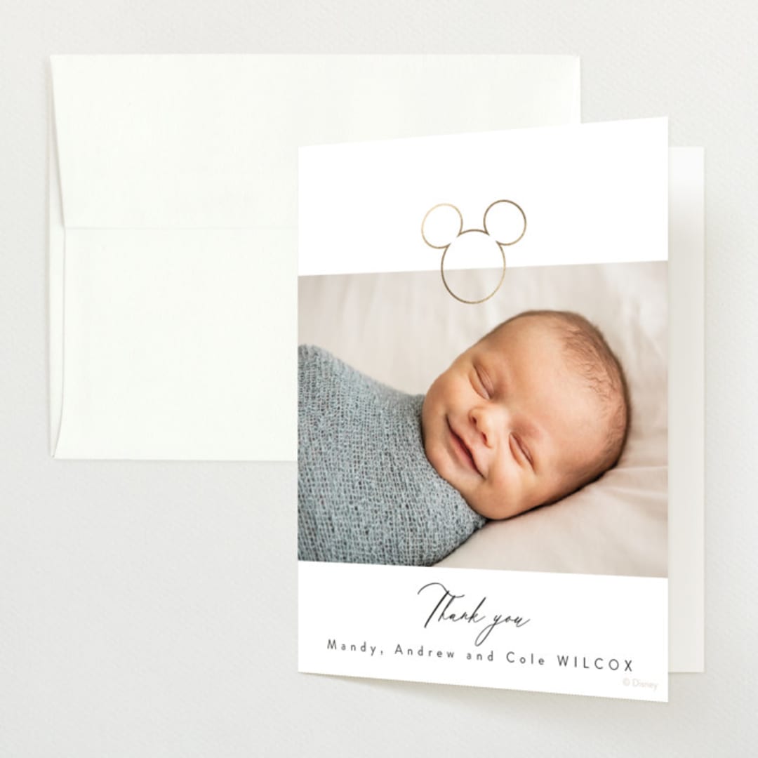 "Disney's Mickey Mouse Clip" - Foil-Pressed Birth Announcement Thank You Cards in Marshmallow by Tamara Hilje - Front
