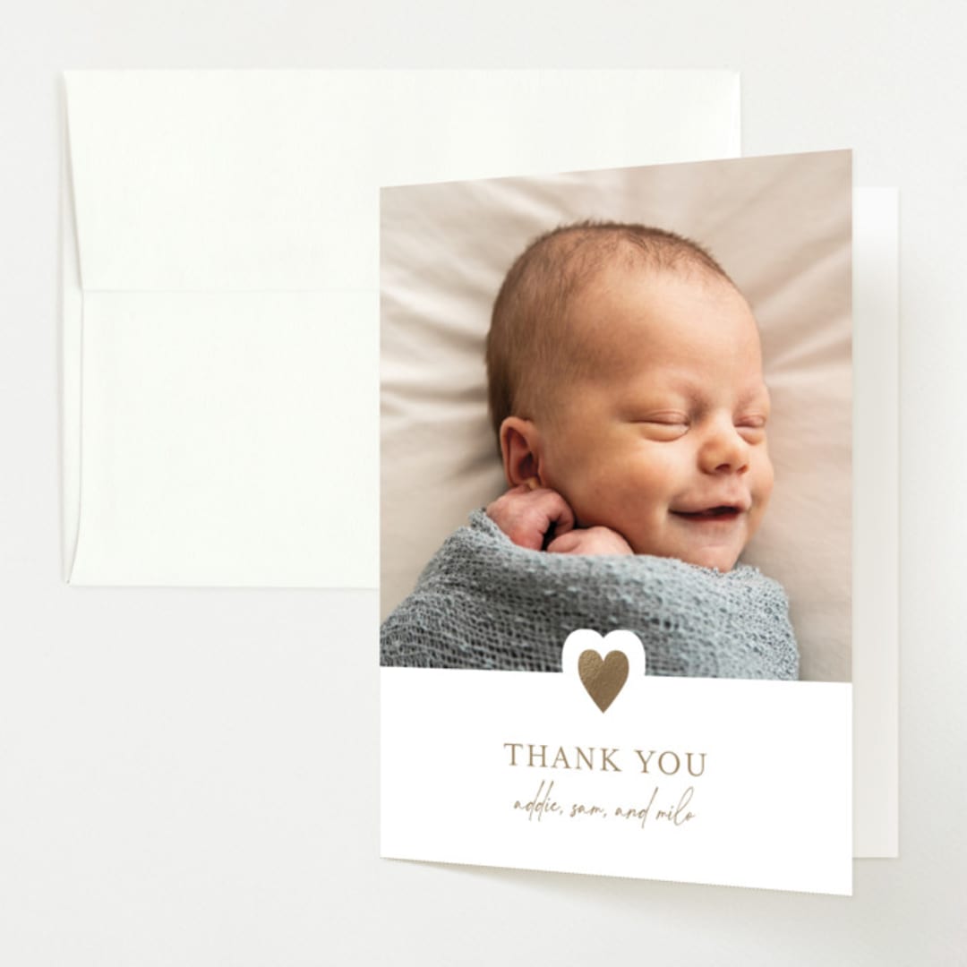 "our little sweetheart" - Foil-Pressed Birth Announcement Thank You Cards in Fawn by Jen Tips - Front