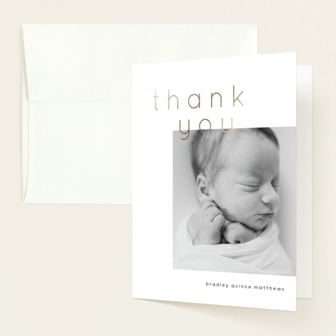 "arrival" - Foil-Pressed Birth Announcement Thank You Cards in Cloud by Lori Wemple - Front