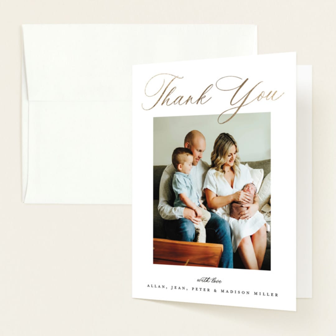 "Now Introducing" - Foil-Pressed Birth Announcement Thank You Cards in Sugar by Pixel and Hank - Front