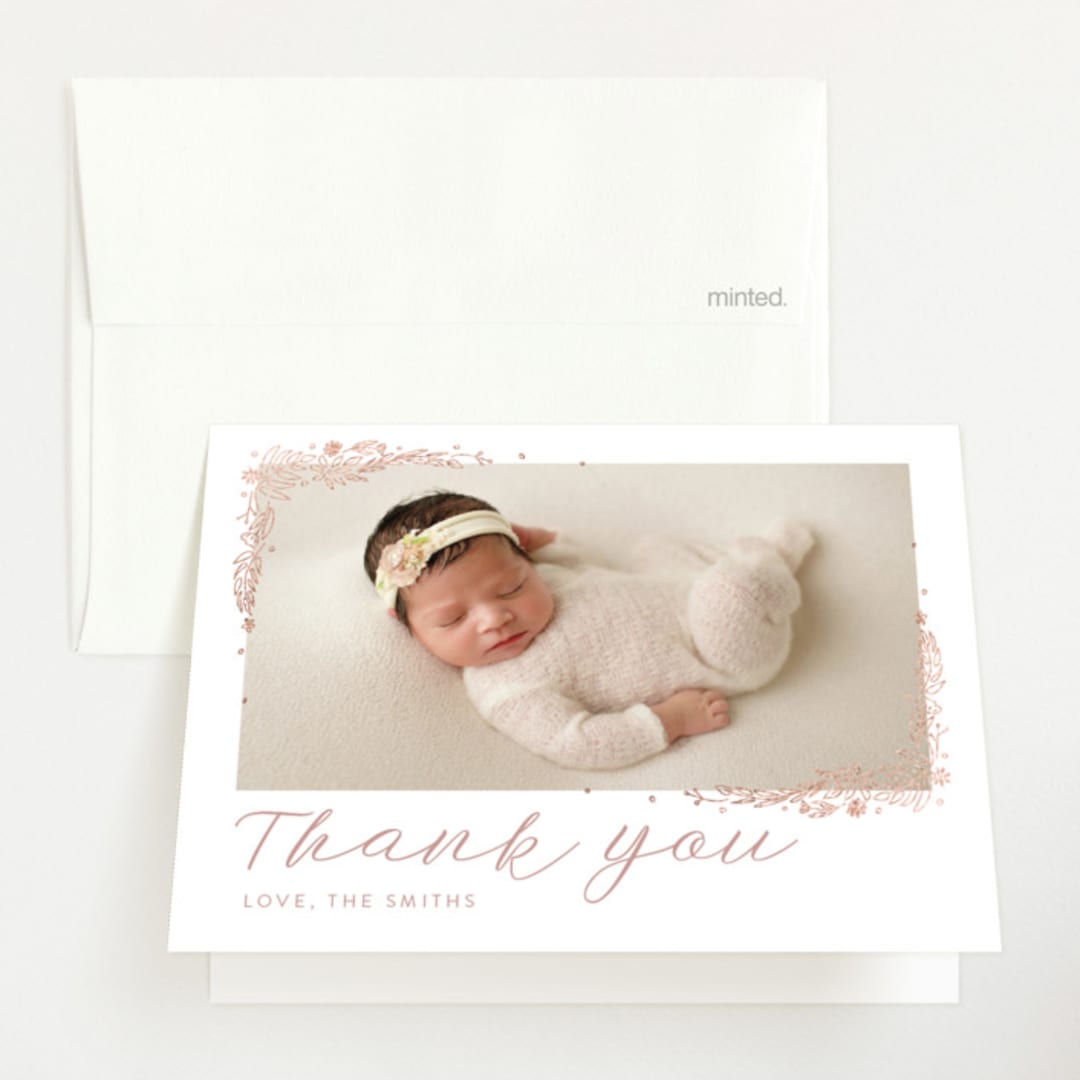 "Delicate Collage" - Foil-Pressed Birth Announcement Thank You Cards in Burnt Rose by Amy Payne - Front