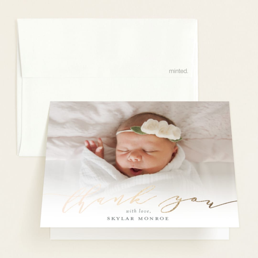 "Treasured" - Foil-Pressed Birth Announcement Thank You Cards in Slate by Sarah Brown - Front
