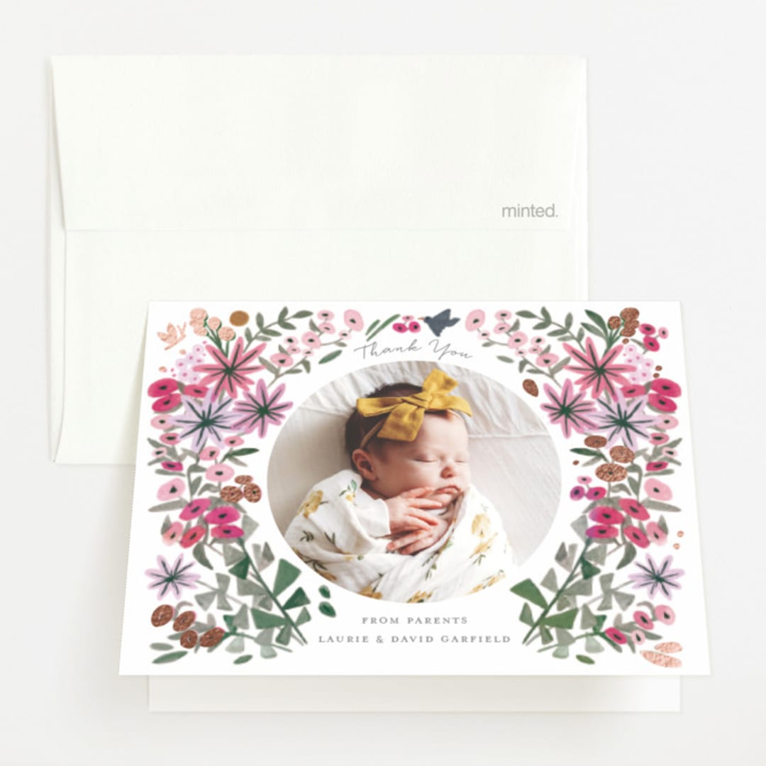 "Blossom Baby" - Foil-Pressed Birth Announcement Thank You Cards in Rose by Morgan Ramberg - Front