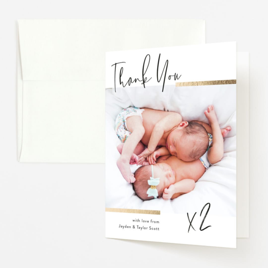 "Double the Love" - Foil-Pressed Birth Announcement Thank You Cards in Silk by Pink House Press - Front