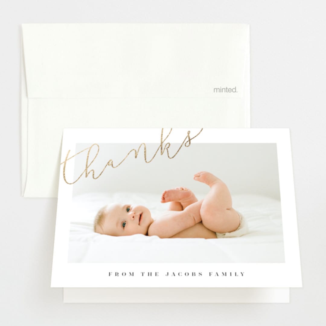 "Angled Hello" - Foil-Pressed Birth Announcement Thank You Cards in Warm Grey by Shirley Lin Schneider - Front