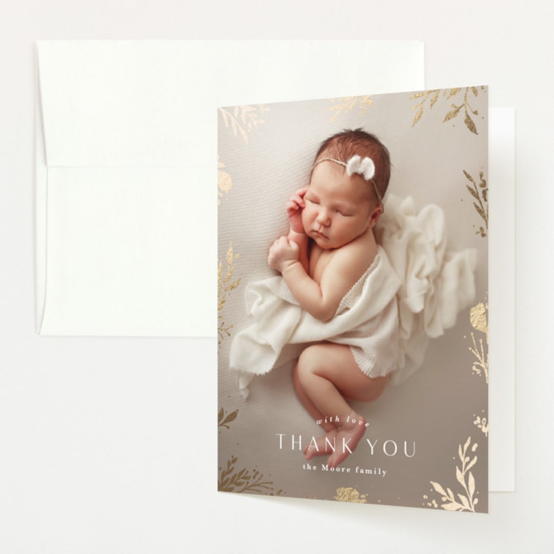 "sparkling florals" - Foil-Pressed Birth Announcement Thank You Cards in Sand by Kate Ahn - Front