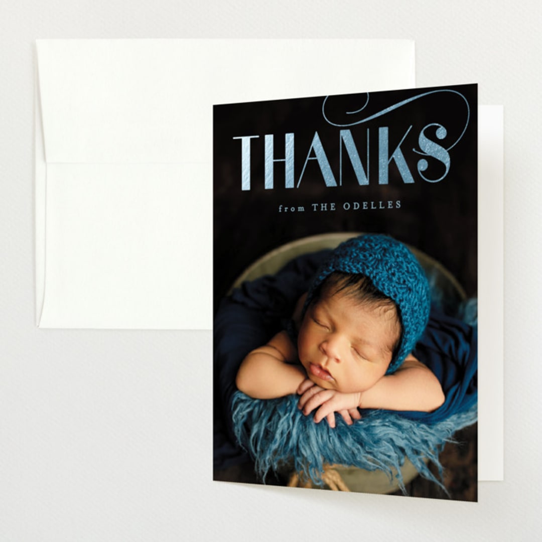 "Flourish" - Foil-Pressed Birth Announcement Thank You Cards in Pool by Carolyn MacLaren - Front