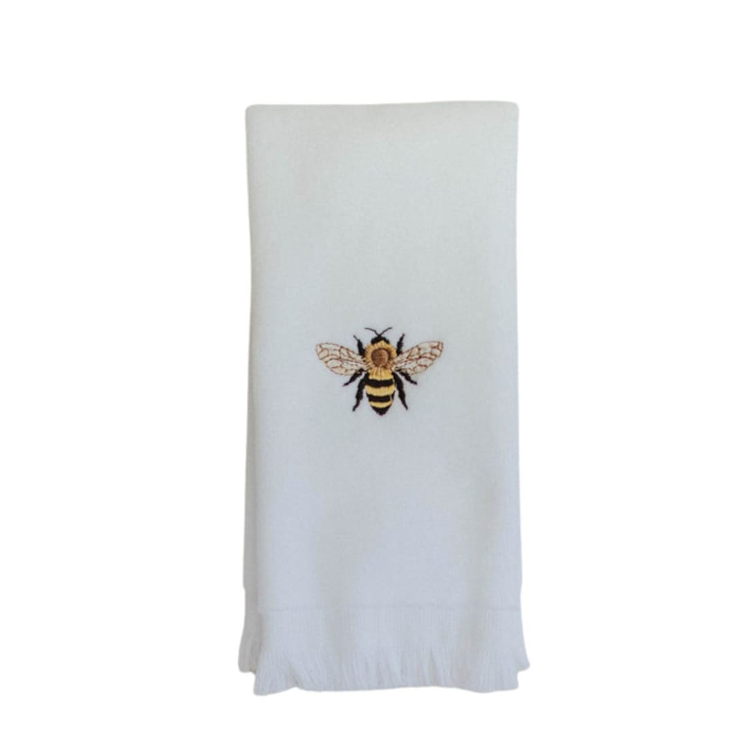 "Fingertip Towel Embroidered with Bumble Bee Design" - Bath Towels in white by Virginia Marcello