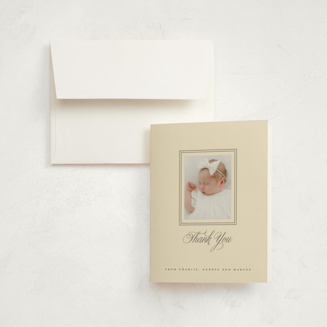 "Classical Border" - Birth Announcement Thank You Cards in Creme by mo kelley - Front
