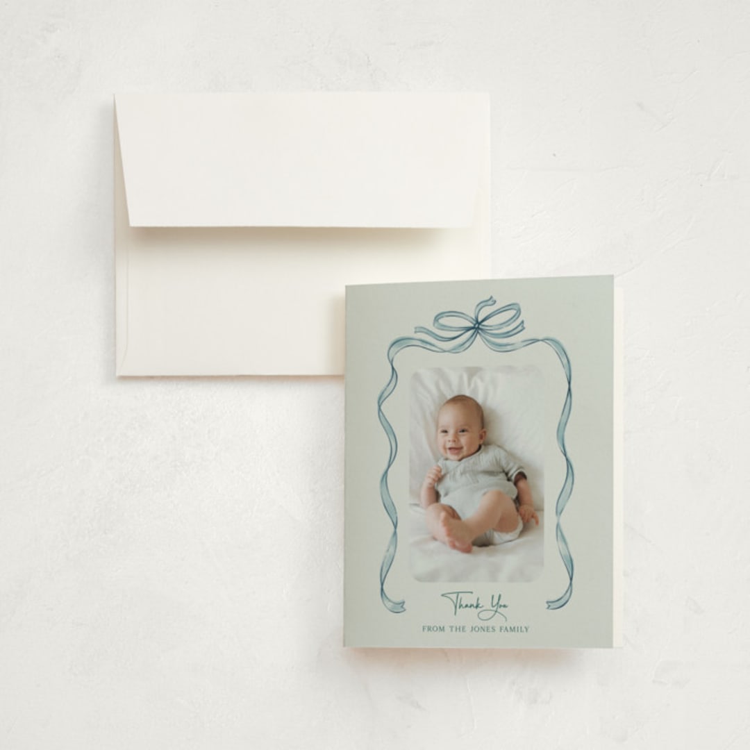 "Tied Together" - Birth Announcement Thank You Cards in Mint by Paper Sun Studio - Front