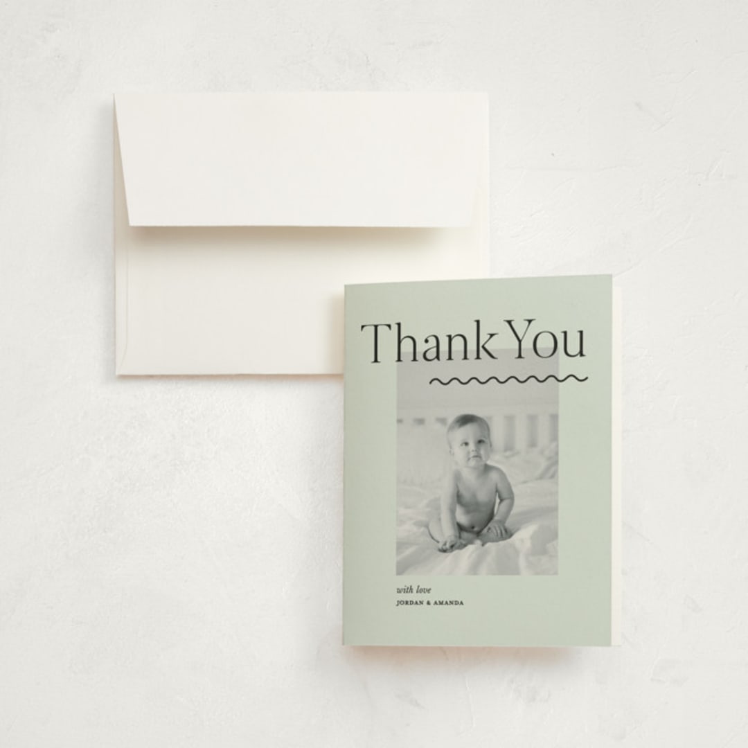 "Wavy Hello" - Birth Announcement Thank You Cards in Moss by Pixel and Hank - Front