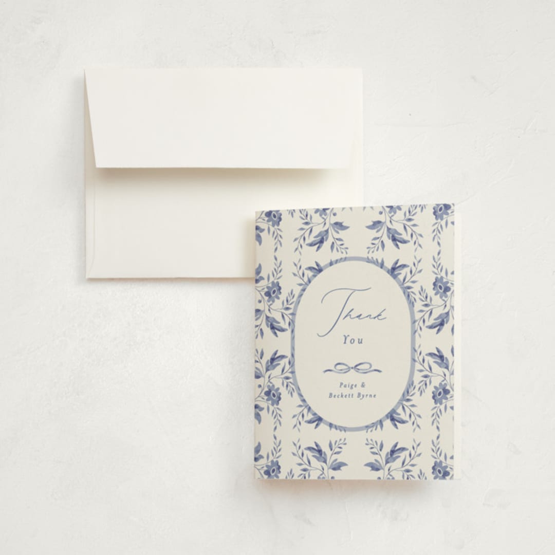 "Daisy Toile" - Birth Announcement Thank You Cards in Bluebird by Susan Zinader - Front