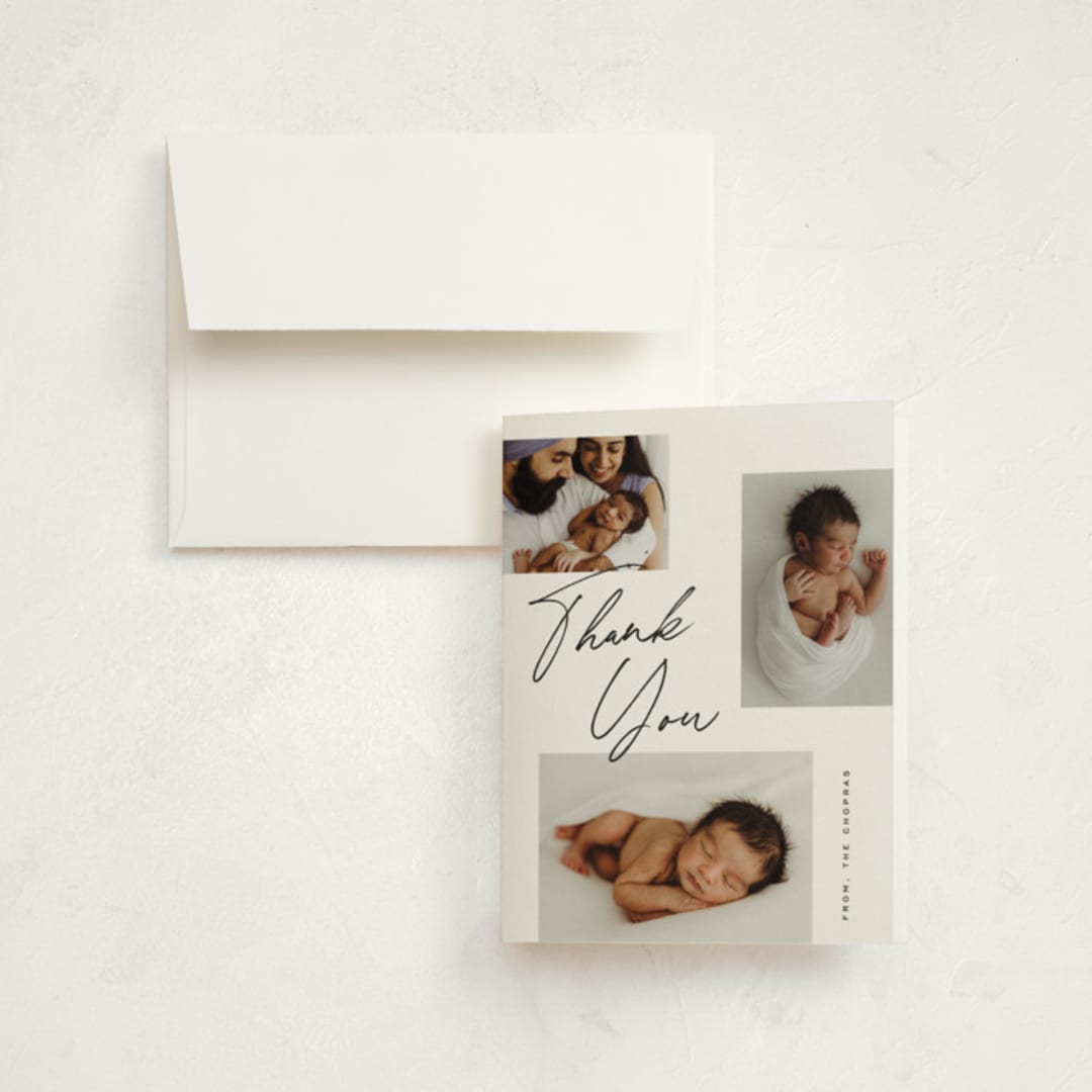 "Scattered Trio" - Birth Announcement Thank You Cards in Charcoal by Michelle Taylor - Front