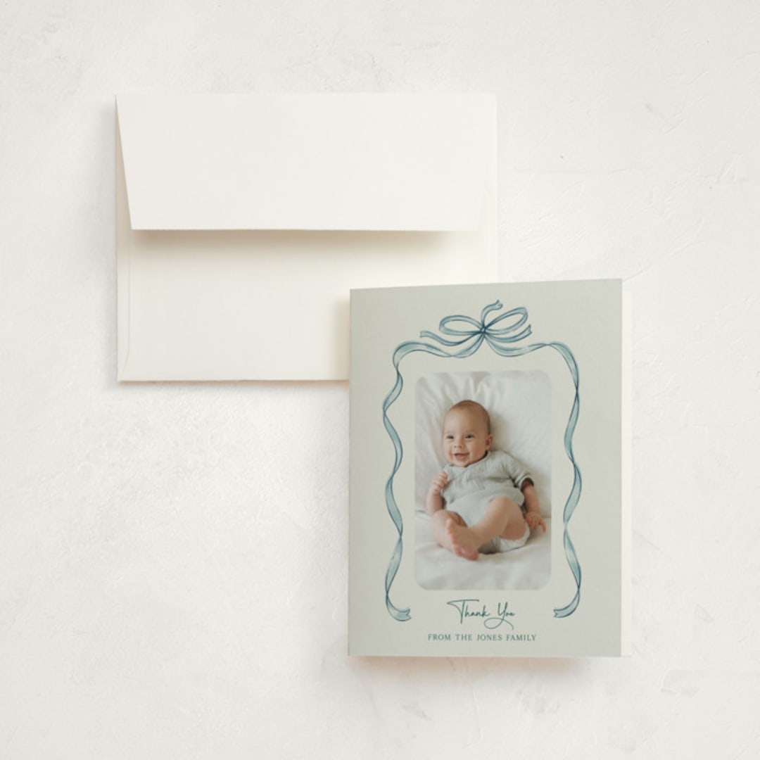 "Tied Together" - Birth Announcement Thank You Cards in Mint by Paper Sun Studio - Front