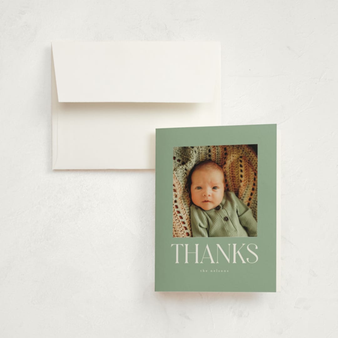 "Double Time" - Birth Announcement Thank You Cards in Aloe by Pixel and Hank - Front