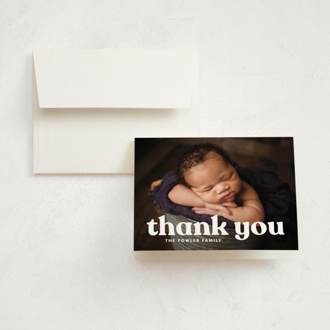 "Modern Vintage" - Birth Announcement Thank You Cards in Ghost by Lea Delaveris - Front