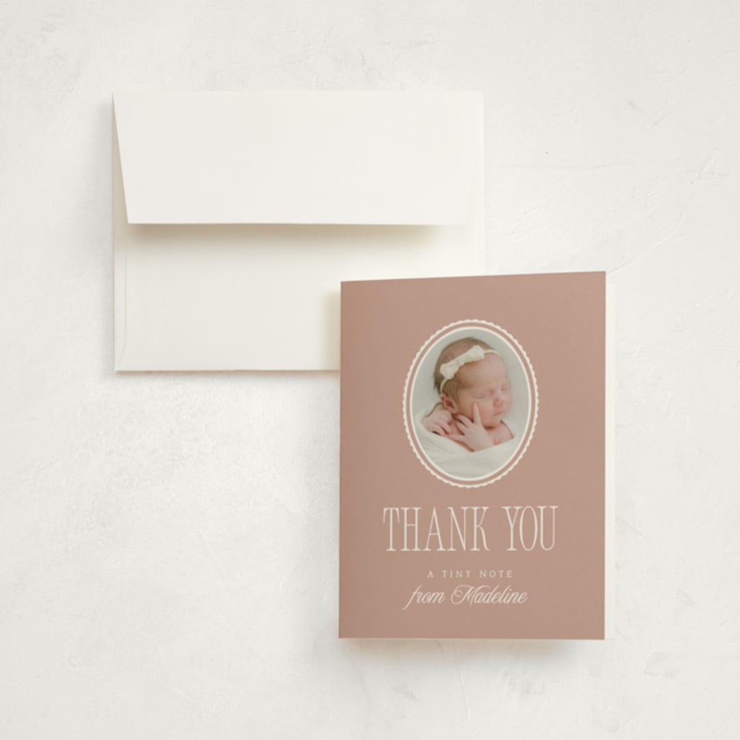 "Cameo" - Birth Announcement Thank You Cards in Petal by Robert and Stella - Front