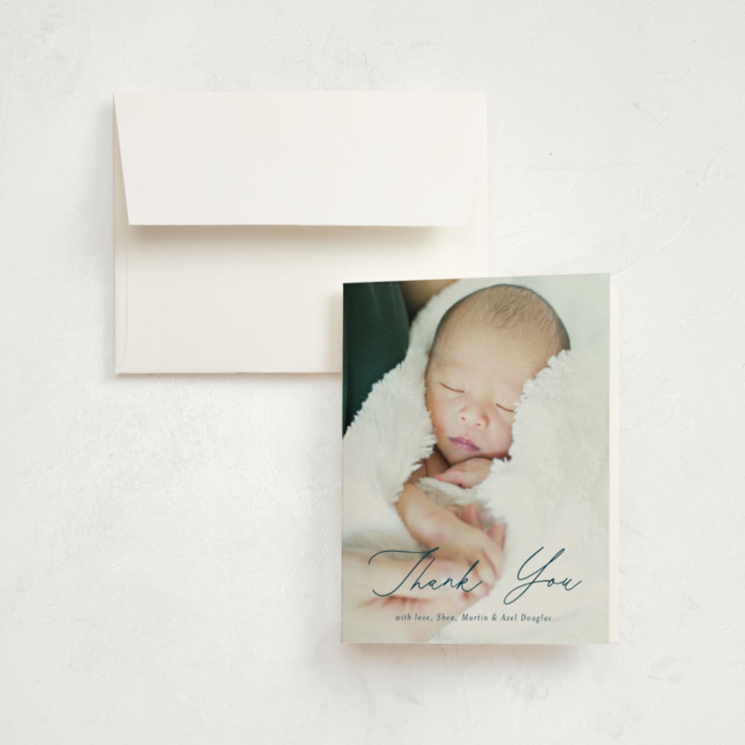 "Modern scribe" - Birth Announcement Thank You Cards in Lake by Stacey Meacham - Front